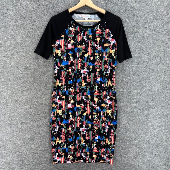 LulaRoe Dress Women S Small Black Floral Shift Midi Crew Neck Short Sleeve - Picture 1 of 7